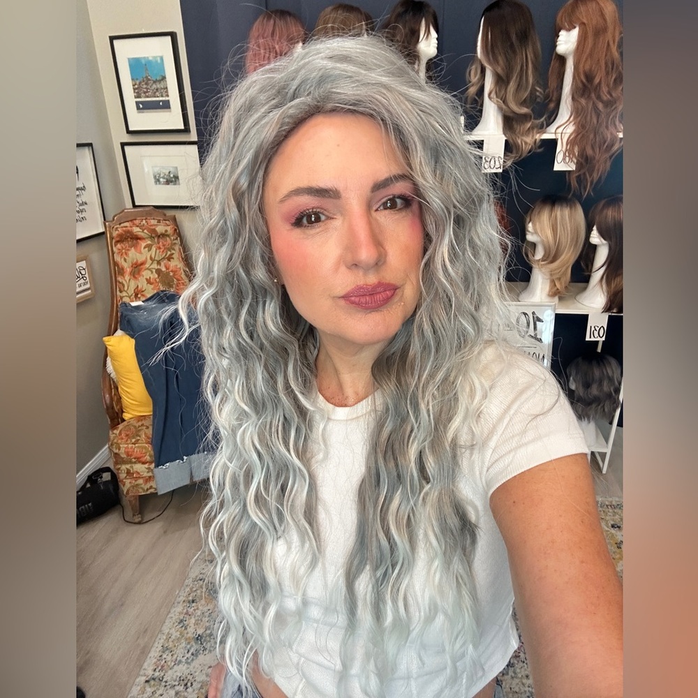215 long grey salt n pepper curly 26” synthetic wig